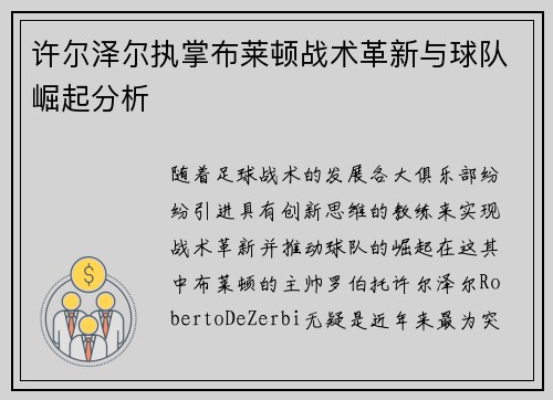许尔泽尔执掌布莱顿战术革新与球队崛起分析